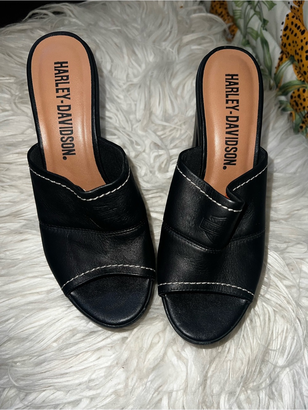 Harley Davidson Black Leather Slide Mules